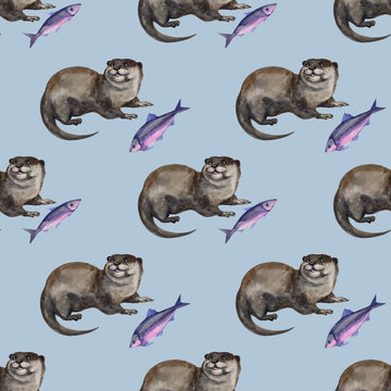 Watercolor seamless pattern with otter hand drawing decorative background. Print for textile, cloth, wallpaper, scrapbooking