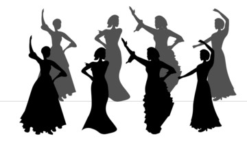 Dancing or singing women black silhouettes with their shadows.