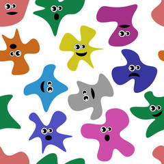 Cute seamless pattern witn colorful spots. Funny smiling faces and other emotions.