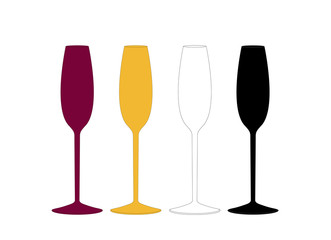 Sekt Gläser Silhouette in verschiedene Farben, Vektor Illustration isoliert auf weißem Hintergrund