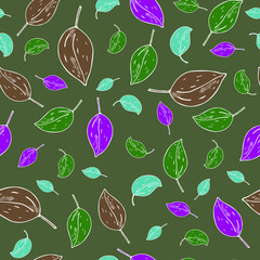 leaves colored natural background. Seamless forest pattern hand drawing doodle.For textiles, packaging, fabrics, wrappers