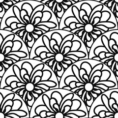 Abstract round pattern, geometric seamless background with flowers, black and white vector illustration, floral pattern