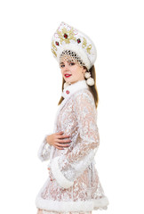 Beautiful, happy, emotional young woman with long hair, dressed like Santa Claus smiling. Christmas-New year carnival.