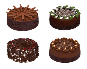 Set of different chocolate cakes isolated on white
