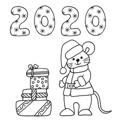 2020 symbol Mouse in Santa costume with gifts, coloring page