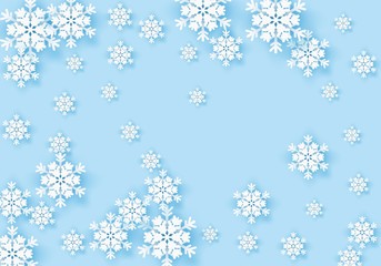Winter origami snowflake greeting banner with blue background. White snow invitation design card. Wintertime paper poster template for christmas holiday. Snow flakes frame pattern for text. Vector