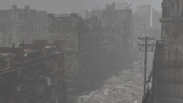 Post apocalypse city, camera rises to the right to reveal a fire burning in a destroyed apartment building.