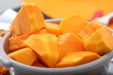 autumn vegetables from the garden, pieces of pumpkin cut into slices