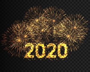 Happy New Year 2020 golden firework background. Calendar decoration new year. Greeting card new year. Chinese calendar template for the new year of mouse. Vector illustration eps10