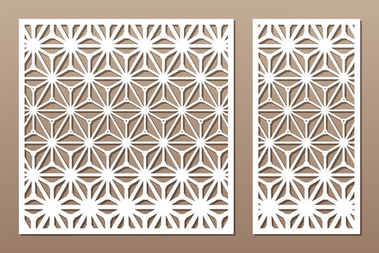 Set decorative card for cutting. Recurring geometric mosaic pattern. Laser cut. Ratio 1:1, 1:2. Vector illustration.