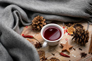 Cranberry or Hibiscus Drink. Hot Red Winter Tea with Spices