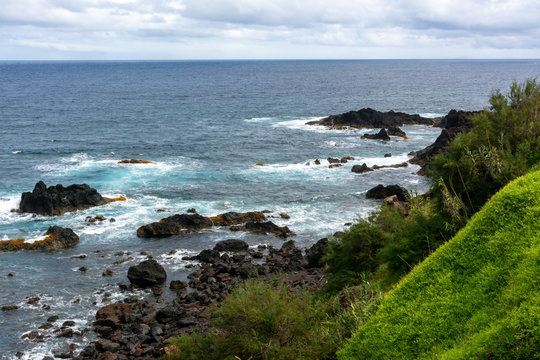 Attlantic ocean waves on the west coastline of Mosteiros Azores Portugal