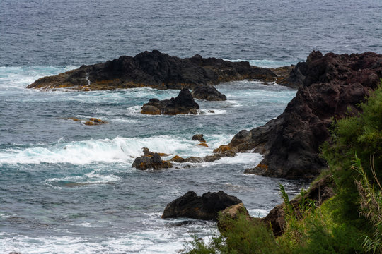 Attlantic ocean waves on the west coastline of Mosteiros Azores Portugal