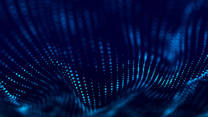 Wave of musical sounds. Abstract background with interweaving of dots and lines. 3D rendering.