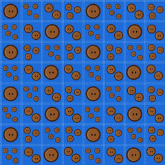 Seamless pattern with brown buttons on blue background. Decorated with white stitching.