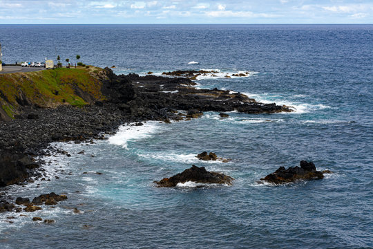 Attlantic ocean waves on the west coastline of Mosteiros Azores Portugal