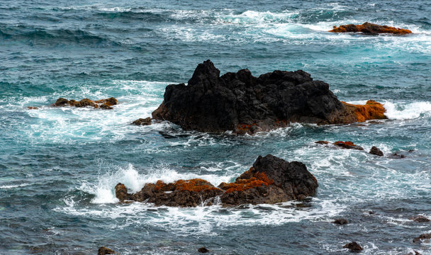 Attlantic ocean waves on the west coastline of Mosteiros Azores Portugal