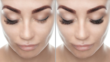 Eyelash extension procedure close up. Beautiful woman with long eyelashes in a beauty salon. Photos before and after eyelash extensions.Face close-up. Make-up concept