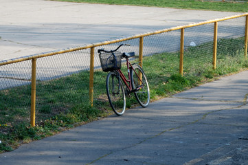 Bicycle leaning against a fence.
