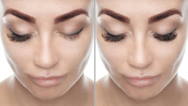Eyelash extension procedure close up. Beautiful woman with long eyelashes in a beauty salon. Photos before and after eyelash extensions.Face close-up. Make-up concept