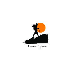 Tourist climbs the mountain symbol, travel and expedition logo, Hiking Logo Template