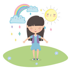 Obraz na płótnie Canvas kids zone, cute little girl rainbow sun cloud rain