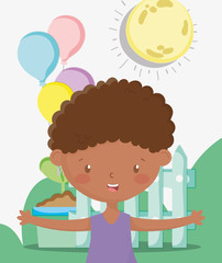 kids zone, cute boy with balloons plant in the outdoor