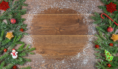 Christmas card, Christmas greetings, background with Christmas tree balls and gingerbread