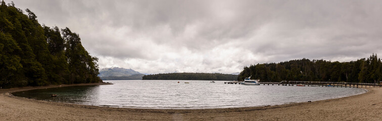 Panoramic view of Nahuel Huapi lake at Brava Bay on a overcast day from Los Arrayanes National Park, Villa La Angostura, Patagonia, Argentina