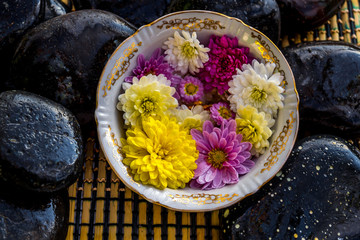 Black stones and flowers