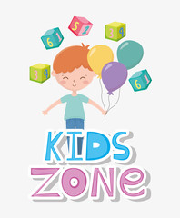 kids zone, cute little boy with balloons cubes toy cartoon