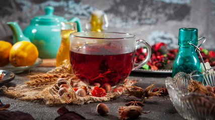 Red Hot Hibiscus tea in a glass mug