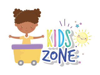 kids zone, cute little girl in wagon with cartoon sun