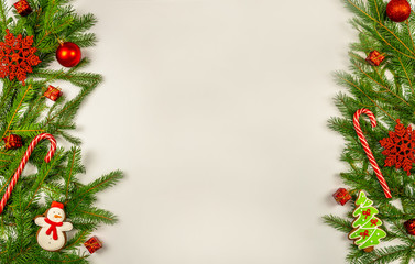 Christmas card, Christmas greetings, background with Christmas tree balls and gingerbread