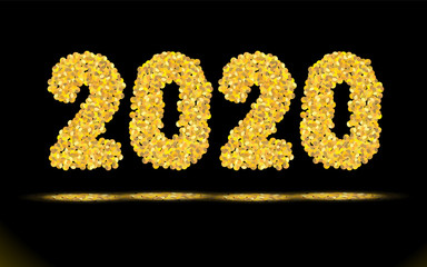 Simply numbers, inscription 2020 for new year of golden texture crumbs on black, dark background. Object, gold dust scattering, vector illustration for design. Particles grain or sand. Shards, pieces