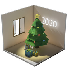 3d isometric christmas tree in house with new Year 2020 gifts