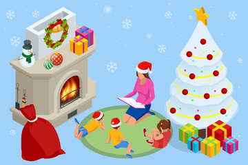 Merry Christmas and Happy Holidays concept. Mom reading a book to children near Christmas tree indoors.