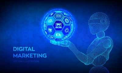 Digital marketing concept. Abstract 3D sphere or globe with surface of hexagons in robotic hand. Wireframe robot. Search Engine Optimisation. SEO. SMM. Advertising. Vector illustration.
