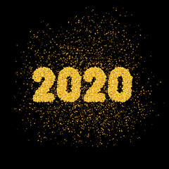 Simply numbers, inscription 2020 for new year of golden texture crumbs on black, dark background. Object, gold dust scattering, vector illustration for design. Particles grain or sand. Shards, pieces