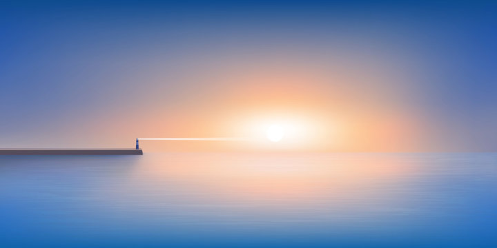Le jour se lève sur un panorama maritime calme et reposant, avec un phare à l’horizon qui guide les navires de pêche jusqu’au port.