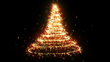Golden glitter Christmas tree with sparkling light. Shining gold particles and sparkles spiral intro template on black background. Luxury magic festive effect with bokeh and glow. Dust trail 3D render