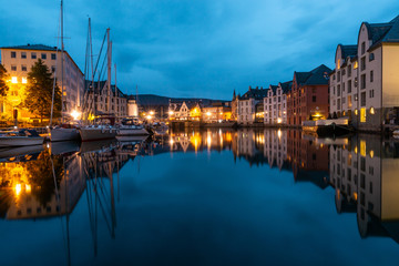 Night city Alesund, mirrored water