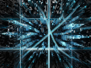 Top view of futuristic night city with luminous crossroads and roads. Digital business skyscrapers.