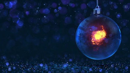 Magic glass orb sphere hanged as christmas classical decoration with burning flame inside. Dark blue 3d background illustration.