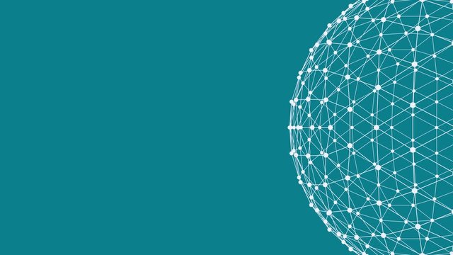 Fast zoom out from inside of sphere. Framing part of sphere in the corner. Then zoom into sphere. Suggesting modern technology, connections, virtual reality. Teal (blue) background. 4K seamless loop