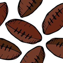 Vector pattern illustration cartoon style of rugby, football ball drawn in brown and black ink