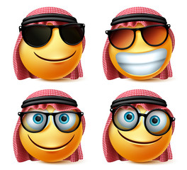 Saudi arab vector emoji glasses emoticon set. Saudi arab emoticon face wearing sunglasses and eyeglasses in smiling, joyful and happy facial expression in 3d realistic character isolated in white.