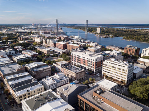 Aerial view of downtown Savannah, Georgia with Talmadge Bridge at the back center.