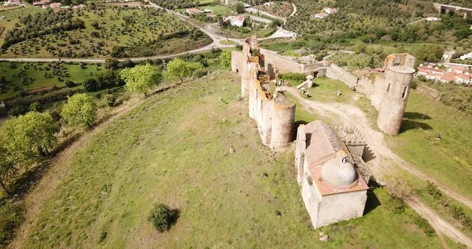 Aerial view of ruins of medieval Montemor-o-Novo castle, Portugal