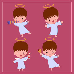 Cute Kawaii Hand Drawn Angel With Smiling And Funny Face In Different Poses And Activities On Dark Purple Background. Collection. Set. Vector. Emoji. Emoticon. Cartoon. Character. Illustration